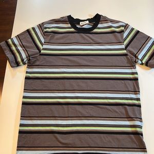 Kliegou men’s T-shirt sz small. Striped grey,black brown, light blue, neon green